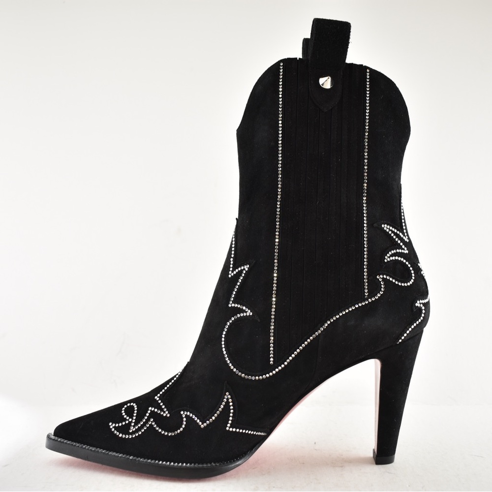Christian Louboutin Santigag Strass 85 Black Suede Western Ankle Heel Boot 40 - Picture 13 of 16